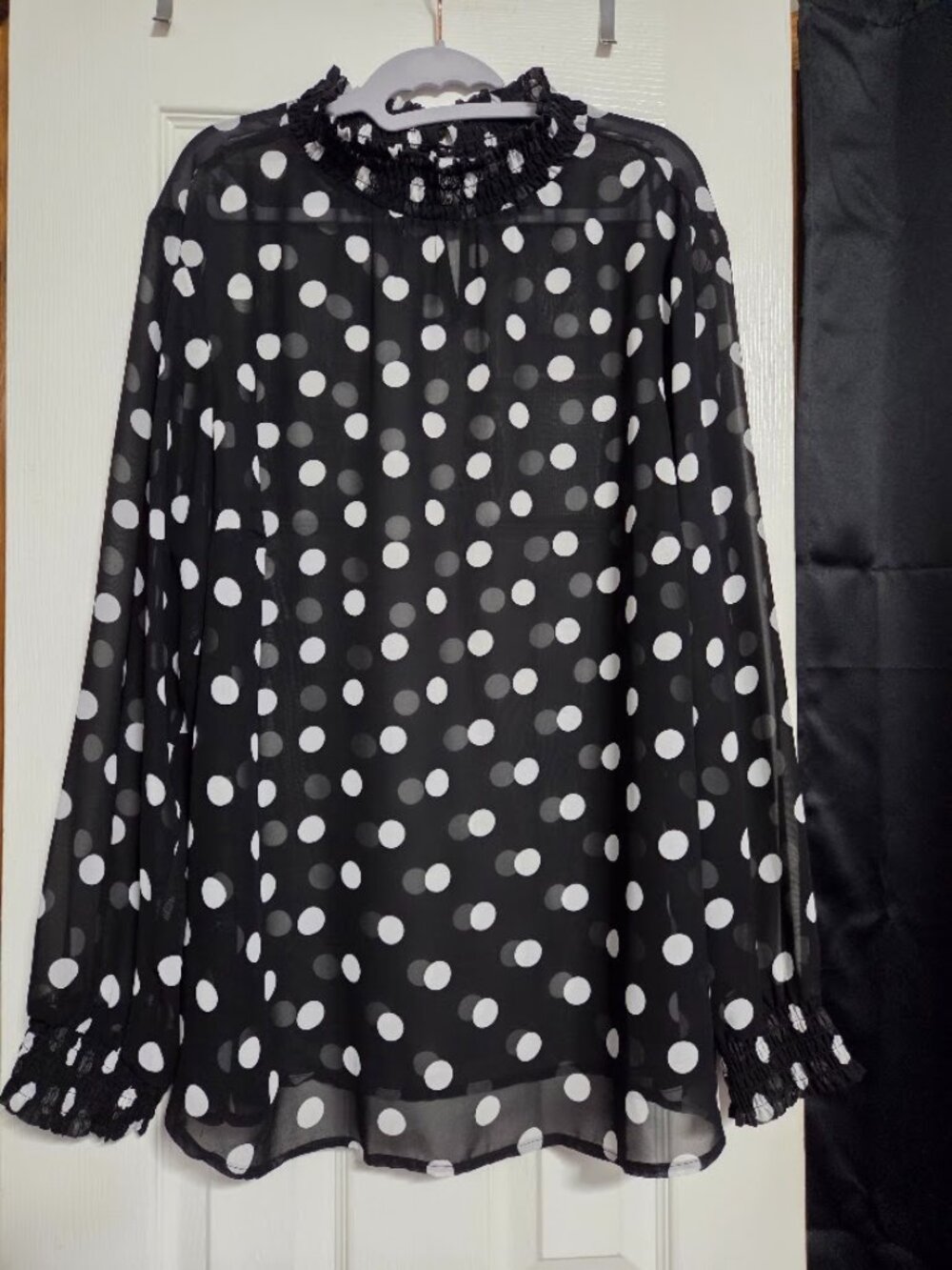 Torrid Polka Dot Sheer Smocked High Neck Blouse Black White 2X